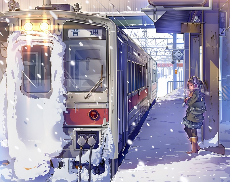anime, train station, train, landscape