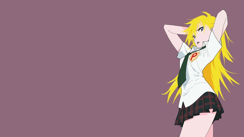 Panty and Stocking with Garterbelt, Anarchy Panty, arms up, blonde, simple background, schoolgirl, miniskirt, anime girls, tie