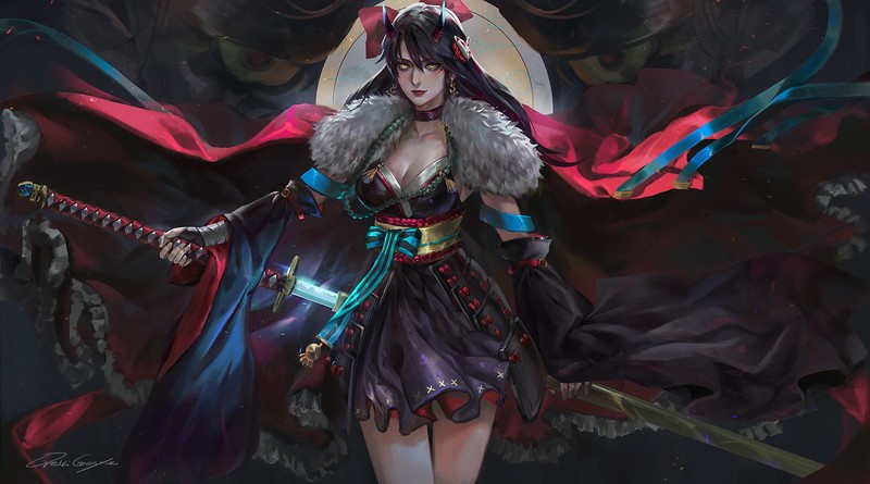 women, fantasy girl, demon girls, horns, long hair, looking at viewer, yellow eyes, original characters, cleavage, cape, armor, samurai, demon, sword, weapon, fantasy art, dress, detached sleeves, artwork, drawing, digital art, illustration, DeviantArt