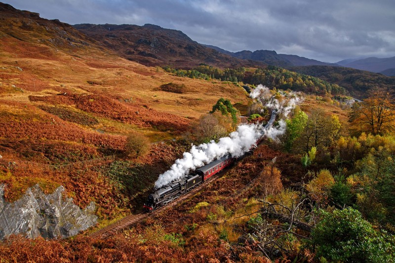 Scotland, train, Steam Train, vehicle, landscape, fall