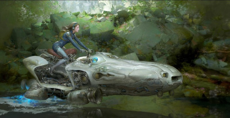 artwork, vehicle, women, science fiction, RuanJia, backpacks