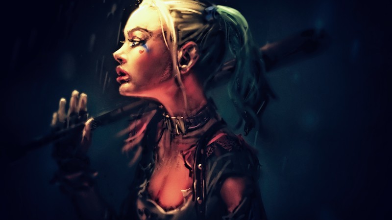 DC Comics, paint brushes, DC Universe, villain, super villain, comics, movie characters, digital art, artwork, fictional, fictional character, fictional characters, Gotham City, Harley Quinn, women, baseball bat, fantasy girl, blonde