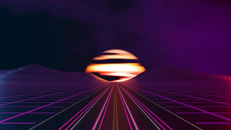 sunset, road, Retrowave, synthwave, Retro style