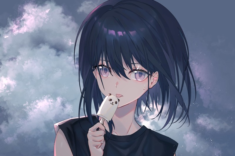 black hair, short hair, purple eyes, clouds, food