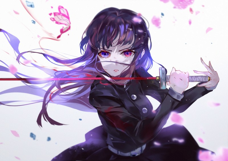Kimetsu no Yaiba, uniform, sword, katana, weapon, long hair, Kanao Tsuyuri