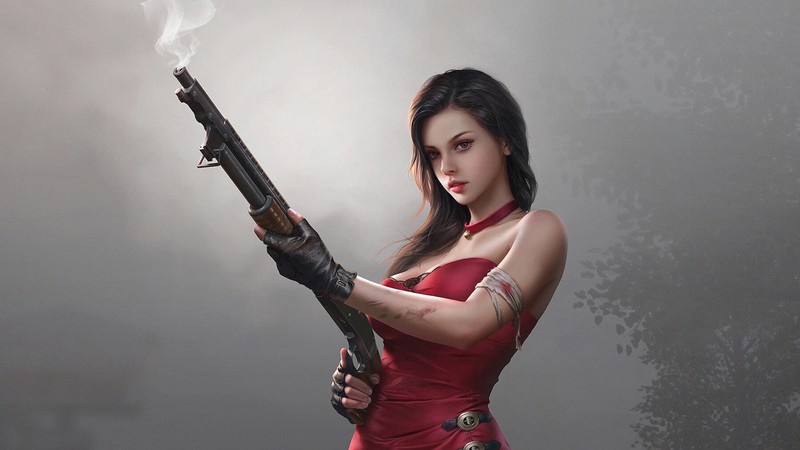 fantasy girl, gun, red dress, girls with guns