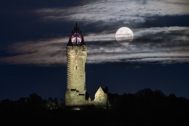 Scotland, tower, night, Moon, Wallace Monument, building
