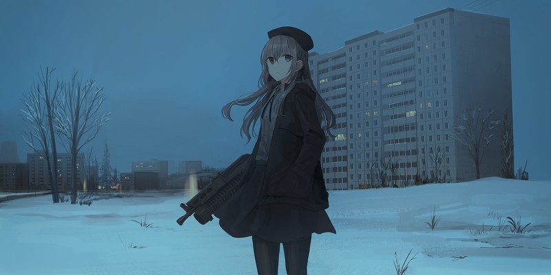 anime, anime girls, digital art, artwork, 2D, portrait, snow, gun, apartment, cityscape, PP-19 Bizon
