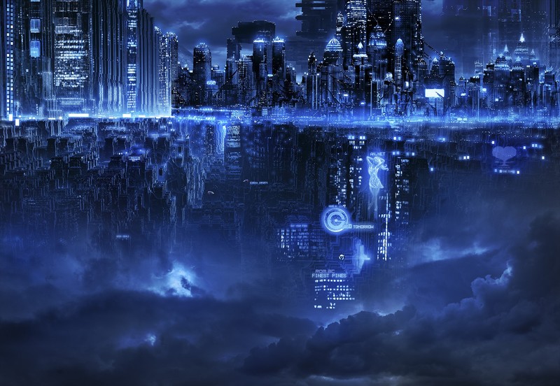 city, skyscraper, reflection, sky, city lights, night, cyberpunk