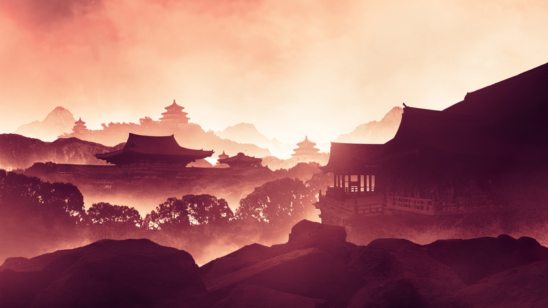 digital, digital art, artwork, illustration, architecture, Asian architecture, landscape, nature, trees, dusk, mist, sky, mountains, rocks, outdoors