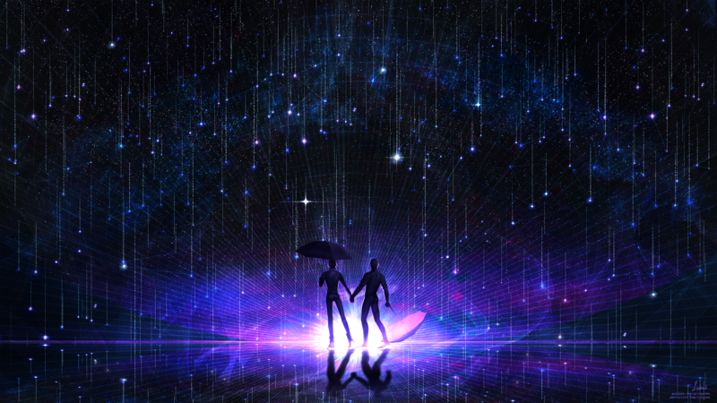 digital, digital art, artwork, illustration, drawing, digital painting, purple, stars, night, sky, skyscape, reflection, starred sky, starry night, galaxy, umbrella, men, men outdoors, outdoors, gay, couple, love, people