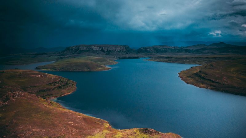 lake, island, aerial view, cloudy, sky, africa, 4k