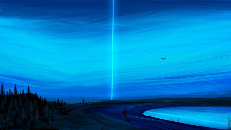 digital, digital art, artwork, illustration, drawing, painting, digital painting, landscape, nature, dark, blue, lights, people, outdoors, trees, pine trees, lake, water, Mattia Lau, sky, skyscape, clear sky