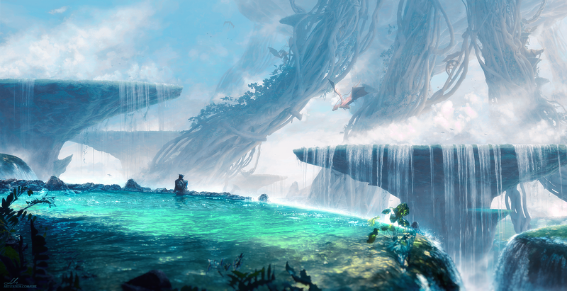 fantasy art, water, roots, waterfall, plants, nature, blue, floating, dragon, Erik Shoemaker, green