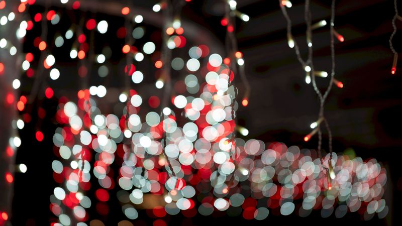 garland, glare, bokeh, light, circles, red, white, 4k