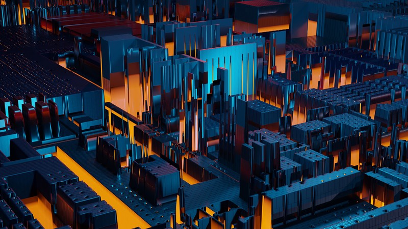 digital, digital art, artwork, illustration, city, motherboards, architecture, Architecture models, orange, blue, world, technology, lights