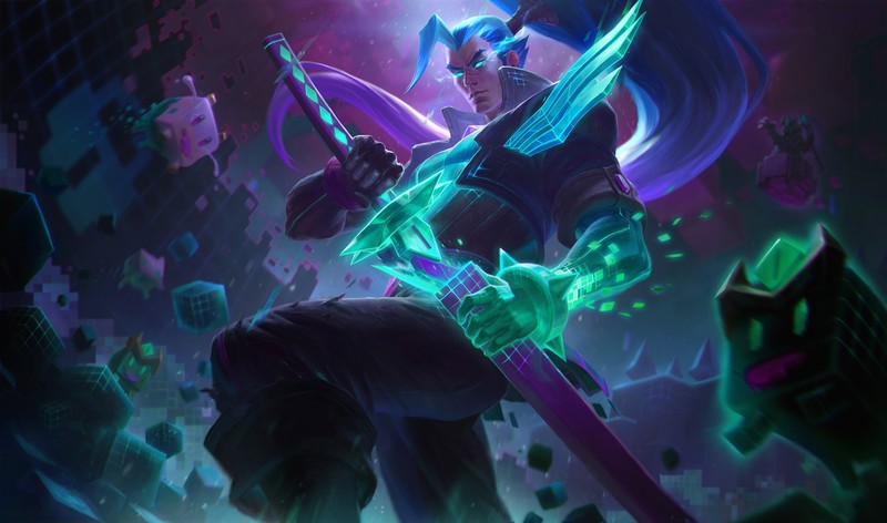 League of Legends, Yasuo, neon glow, sword, samurai, ponytail, rocks, warrior, blue