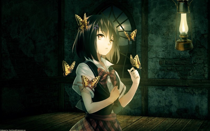 anime, anime girls, black hair, short hair, red eyes, butterflies