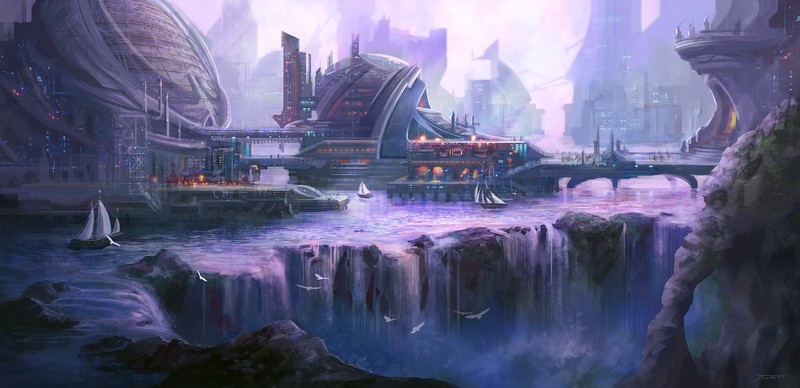 cyberpunk, waterfall, city, futuristic, technology, water