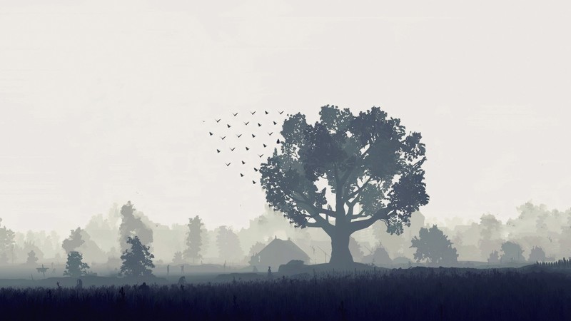 landscape, nature, trees, village, farm, birds