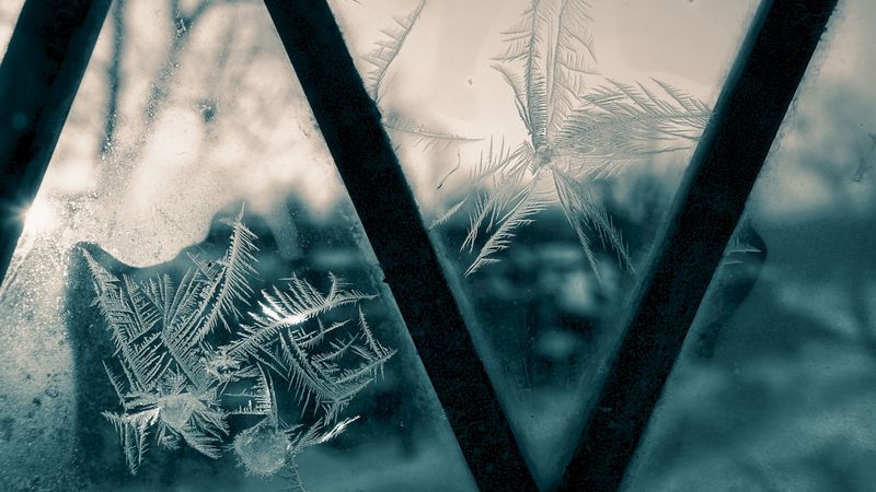 glass, frost, pattern, window, winter, 4k