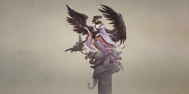 Asia, fantasy art, fantasy girl, artwork, simple background, wings, tengu