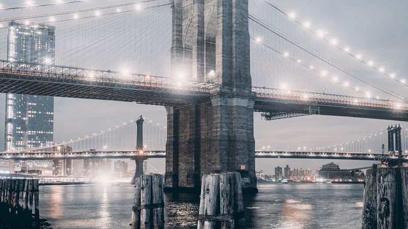 bridge, fog, night city, city lights, backlight, 4k