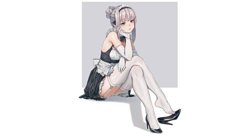 shoes, maid, white hair, thigh-highs, anime, anime girls