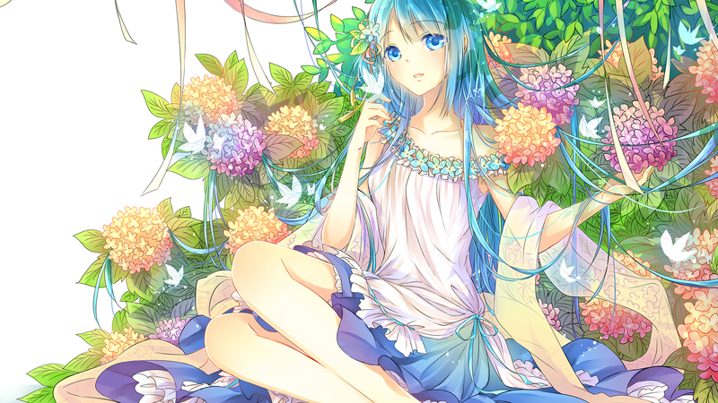 blue hair, flowers, leaves, butterfly
