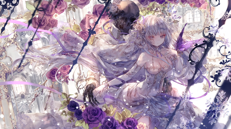 dress, flowers, skeleton, rose, white hair, long hair, anime, anime girls