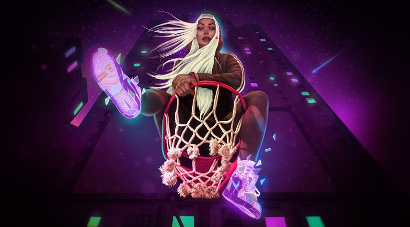 women, artwork, shoes, long hair, basketball court