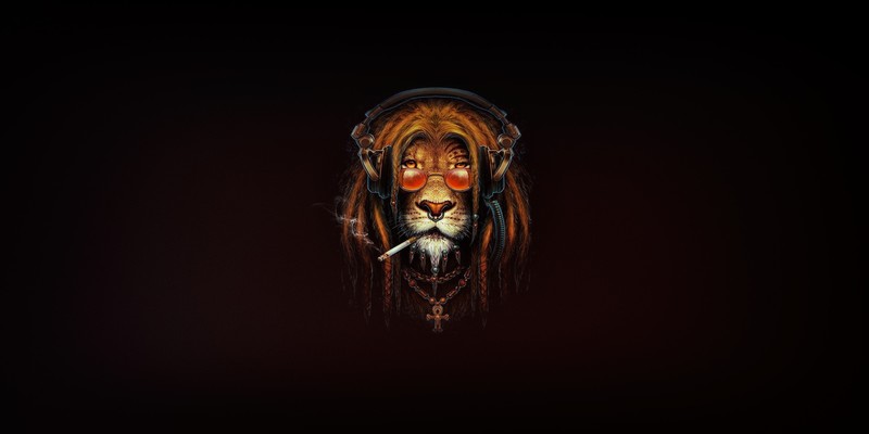 artwork, lion, smoking, headphones
