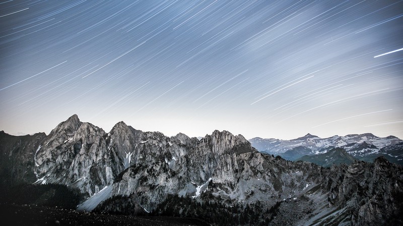 stars, mountains, snow, star trails