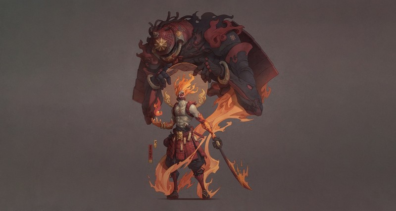 simple background, fantasy art, warrior, artwork, Oni, samurai