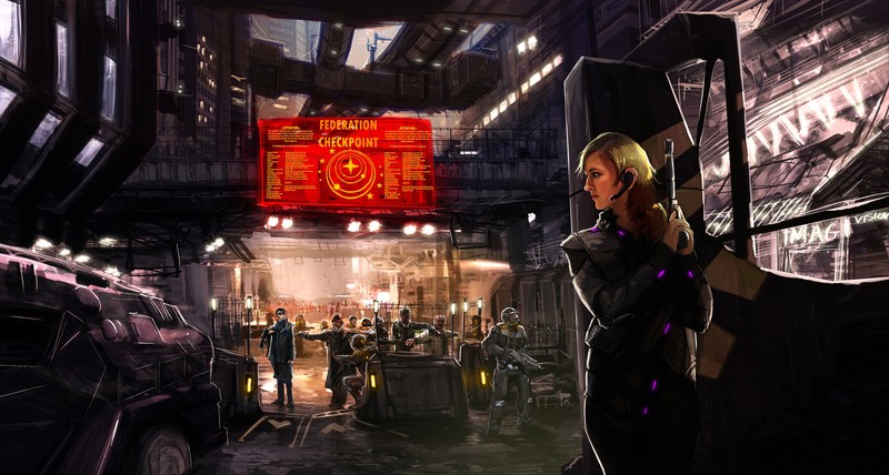 Elite: Dangerous, Spy, science fiction, city, military, suppressors, street, orange, purple clothing, blond hair, cyberpunk, Kev-Art