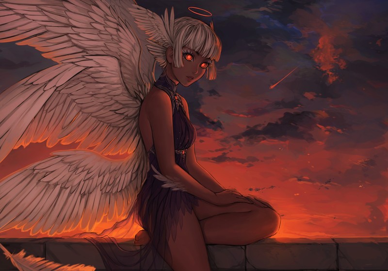 Matilda Fiship, angel, wings, red eyes, women, sunset, fantasy art, fantasy girl, artwork, digital art