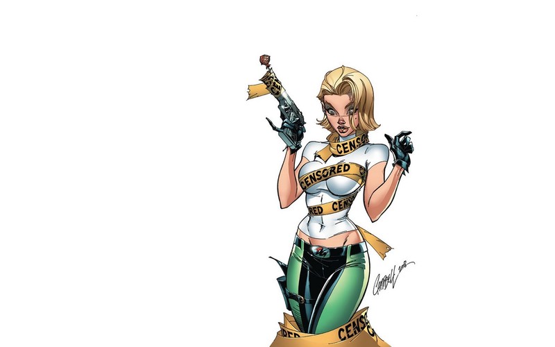 Danger Girl, women, blonde, gun, artwork, digital art, fantasy art, fantasy girl, simple background, white background, J. Scott Campbell