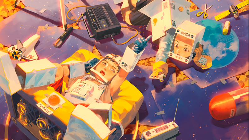 astronaut, playing, children, space, digital art, artwork