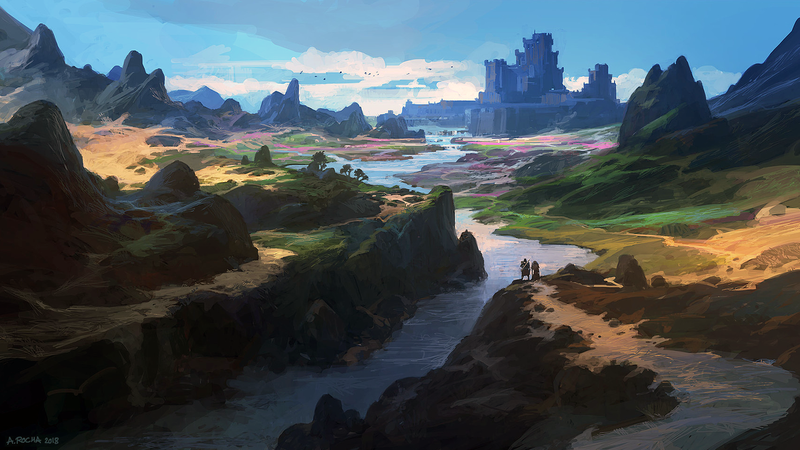 Andreas Rocha, artwork, digital art, landscape, fantasy art, river, castle, standing, people, mountains