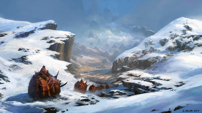 Andreas Rocha, artwork, digital art, riding on back, mountains, snow, creature, fantasy art, landscape, 2017 (Year), ice, nature