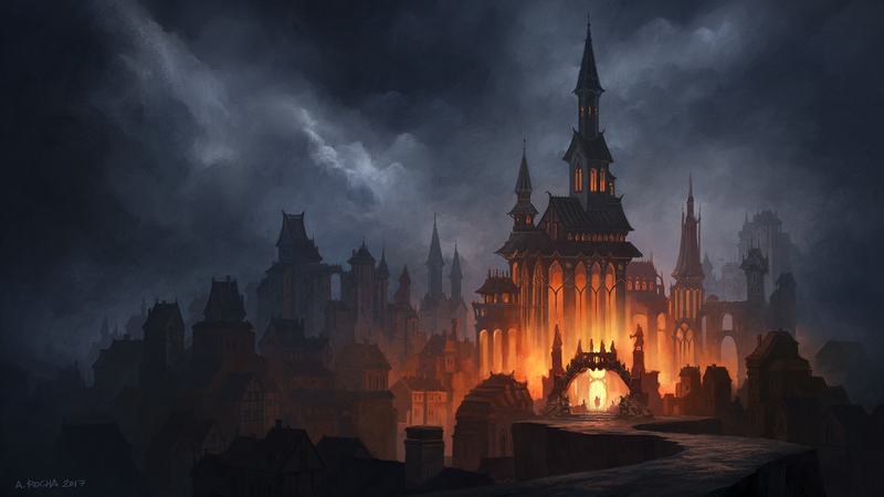 Andreas Rocha, artwork, digital art, castle, horse riding, clouds, night, city, medieval