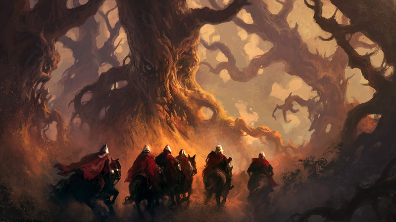 Andreas Rocha, artwork, digital art, Knights, horse riding, creature, tree trunk, forest, scary face, fantasy art