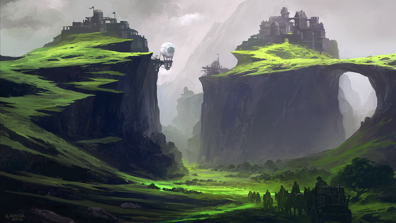Andreas Rocha, artwork, digital art, landscape, fantasy art, horse riding, castle, mountains, carriage, Zeppelin