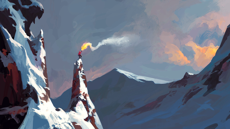 Andreas Rocha, artwork, digital art, mountains, landscape, fire, alone, standing, climbing