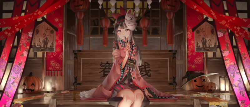anime, anime girls, Halloween, mask, kimono, Japanese kimono