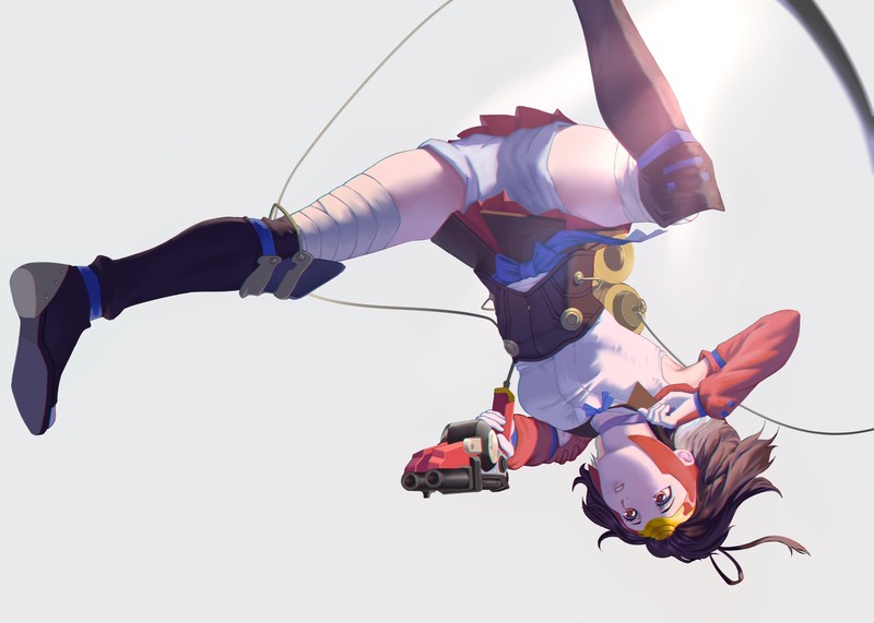 Koutetsujou no Kabaneri, anime girls, ass, 2D, fan art, digital art, short hair, small boobs, simple background, brunette, Mumei, brown eyes, armpits, fantasy weapon