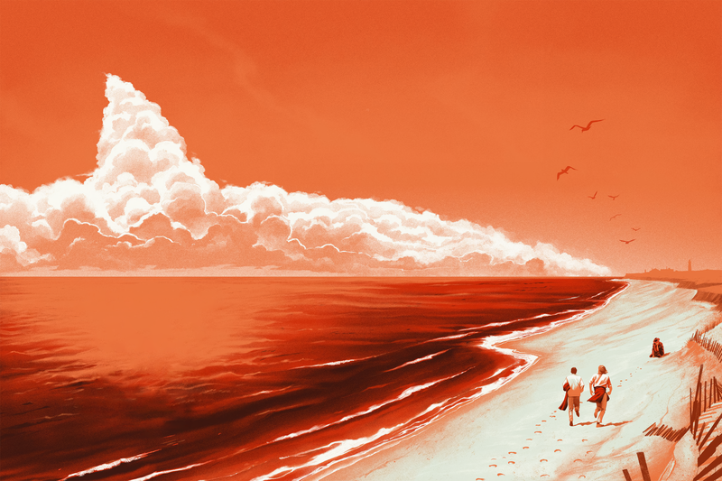Jaws, shark, red, Horror movies, horror, Film posters, movies, Steven Spielberg, clouds, sea, beach, couple