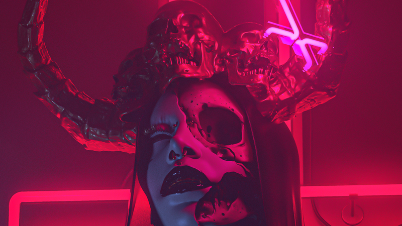 billelis, skull, digital art, Cinema 4D, horns, cyberpunk, piercing, red
