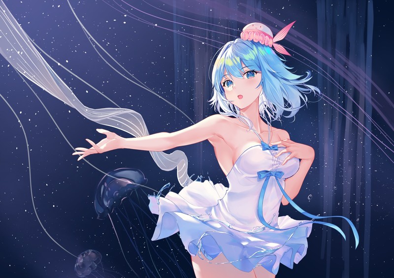 aqua eyes, short hair, blue hair, dress, water
