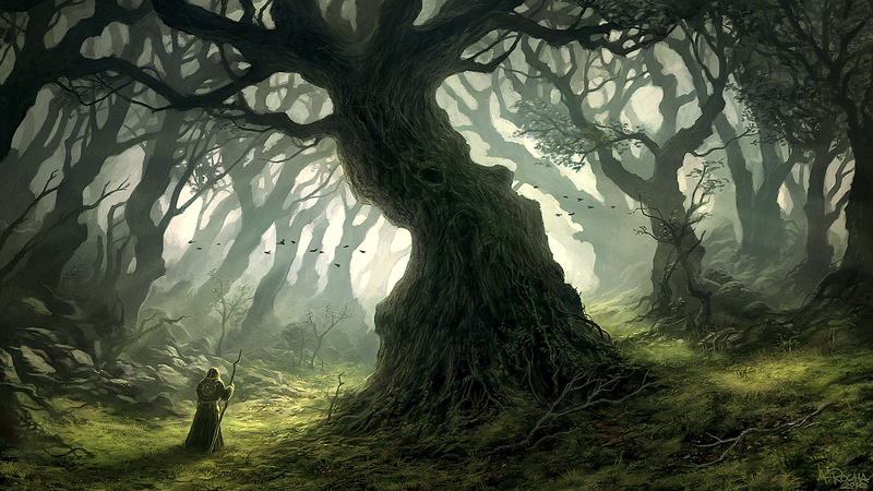 Andreas Rocha, artwork, digital art, trees, forest, dead trees, birds, alone, walking, staff, fantasy art